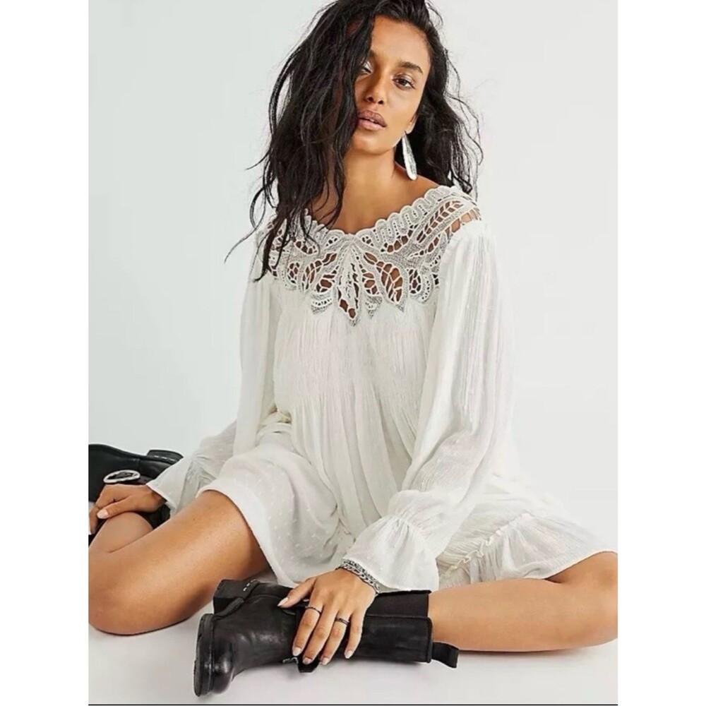 FREE PEOPLE LENA LACE MINI DRESS SWING BOHO TUNIC CROCHET GAUZE IN IVORY SIZE S